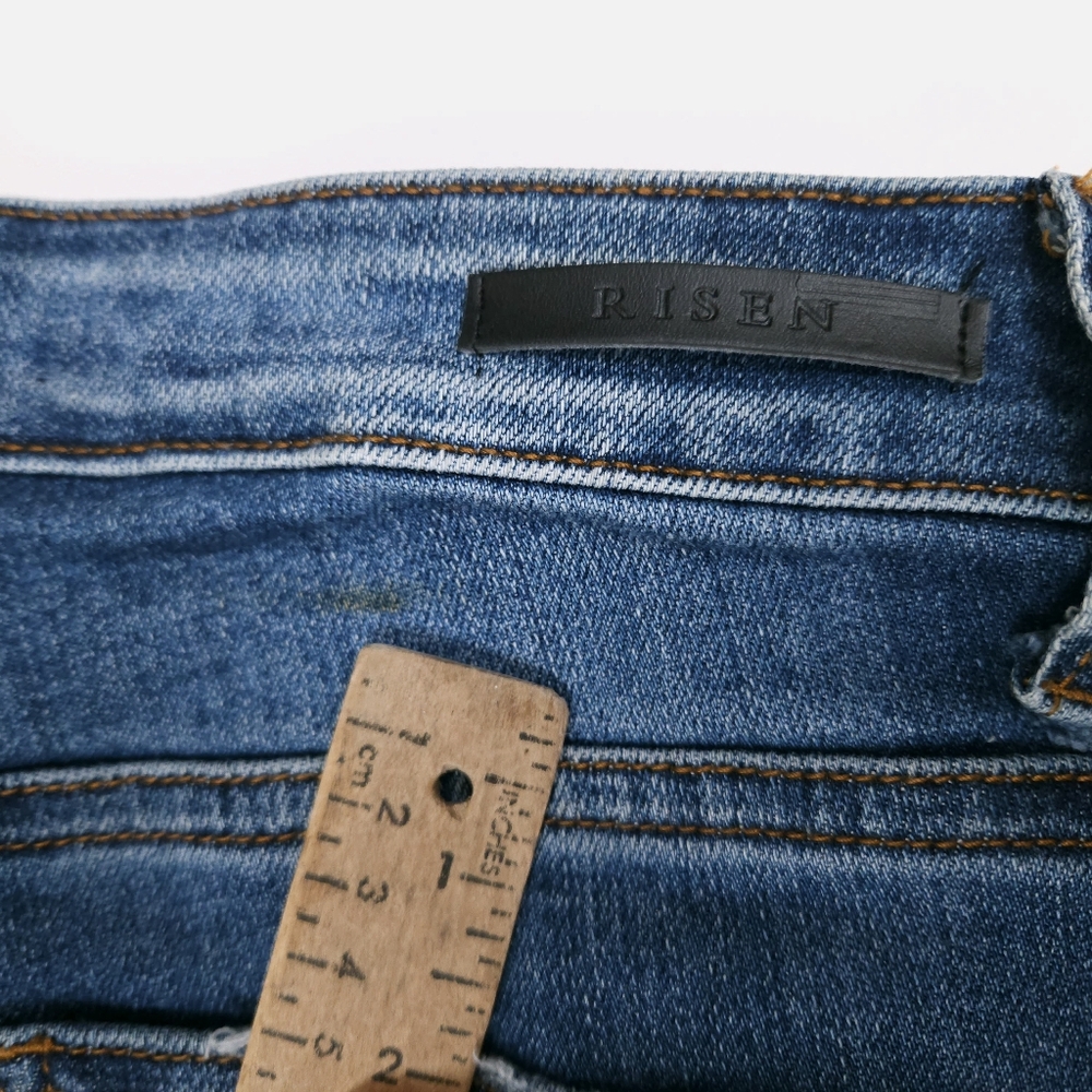 RISEN Los Angeles Flared Blue Jeans Distressed Patched Upcycled Denim Size 26 /3 - Picture 15 of 16